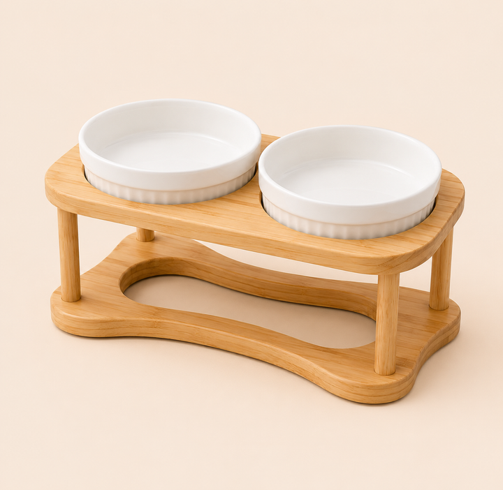 Comedouro Pet Duplo Elevado em Porcelana com Suporte de Madeira